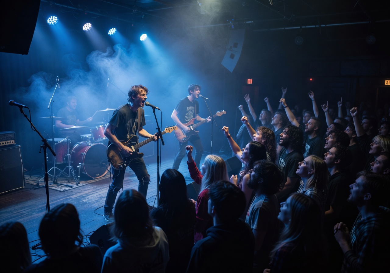 Indie rock concert with moody blue stage lighting and energetic crowd
