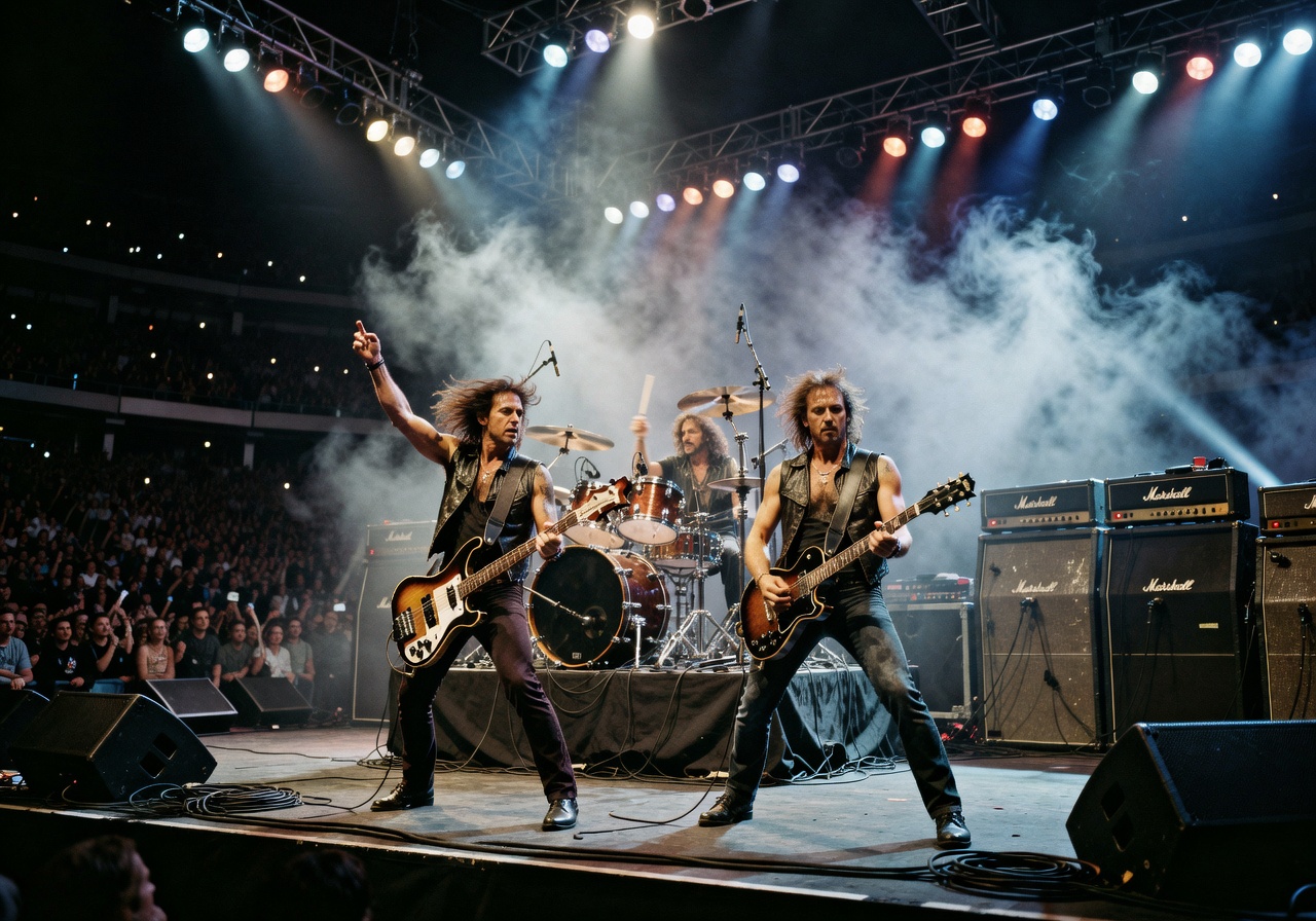 Bold stadium rock show representing Rush! album era