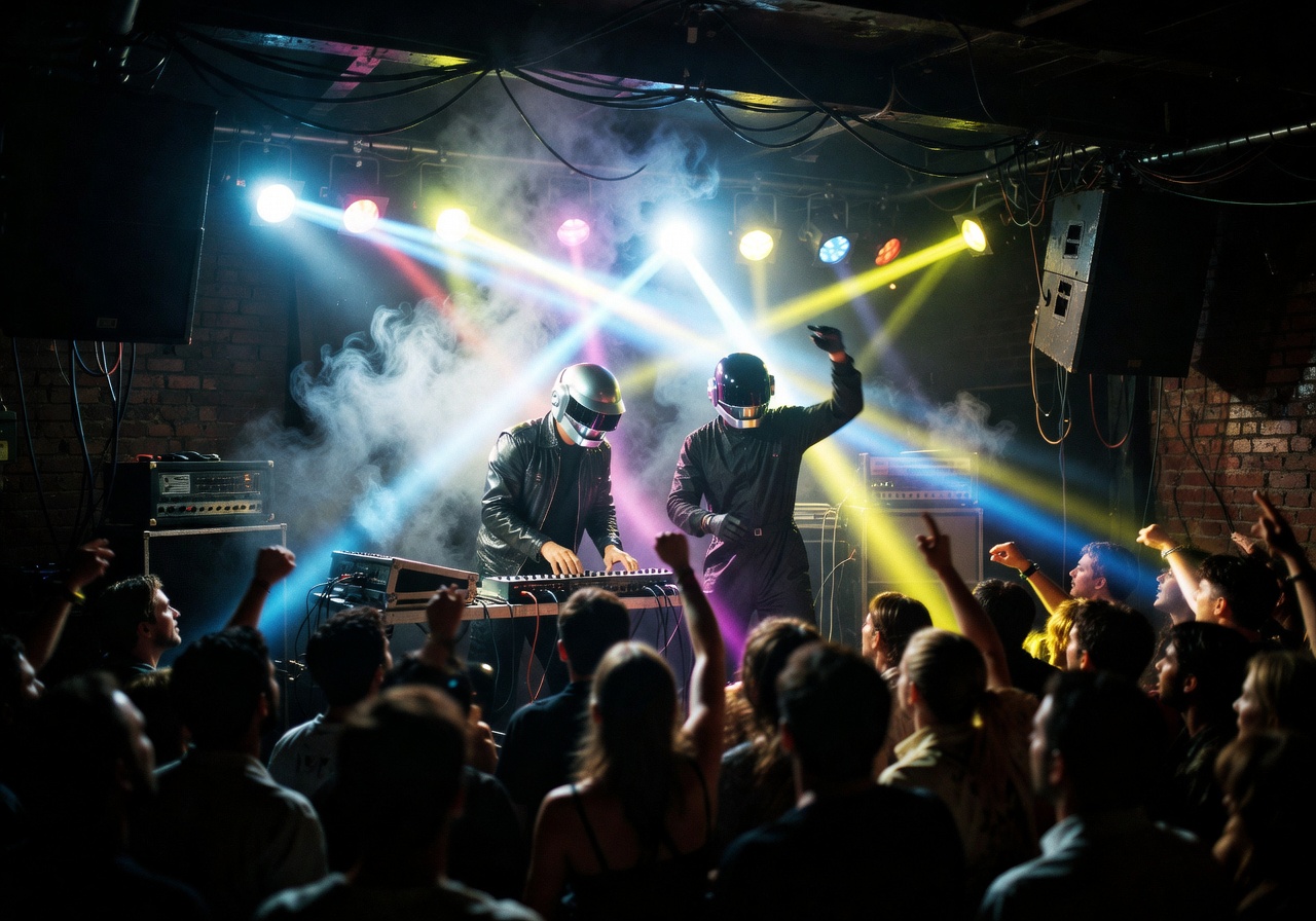 Club lighting with strobes representing Homework album era