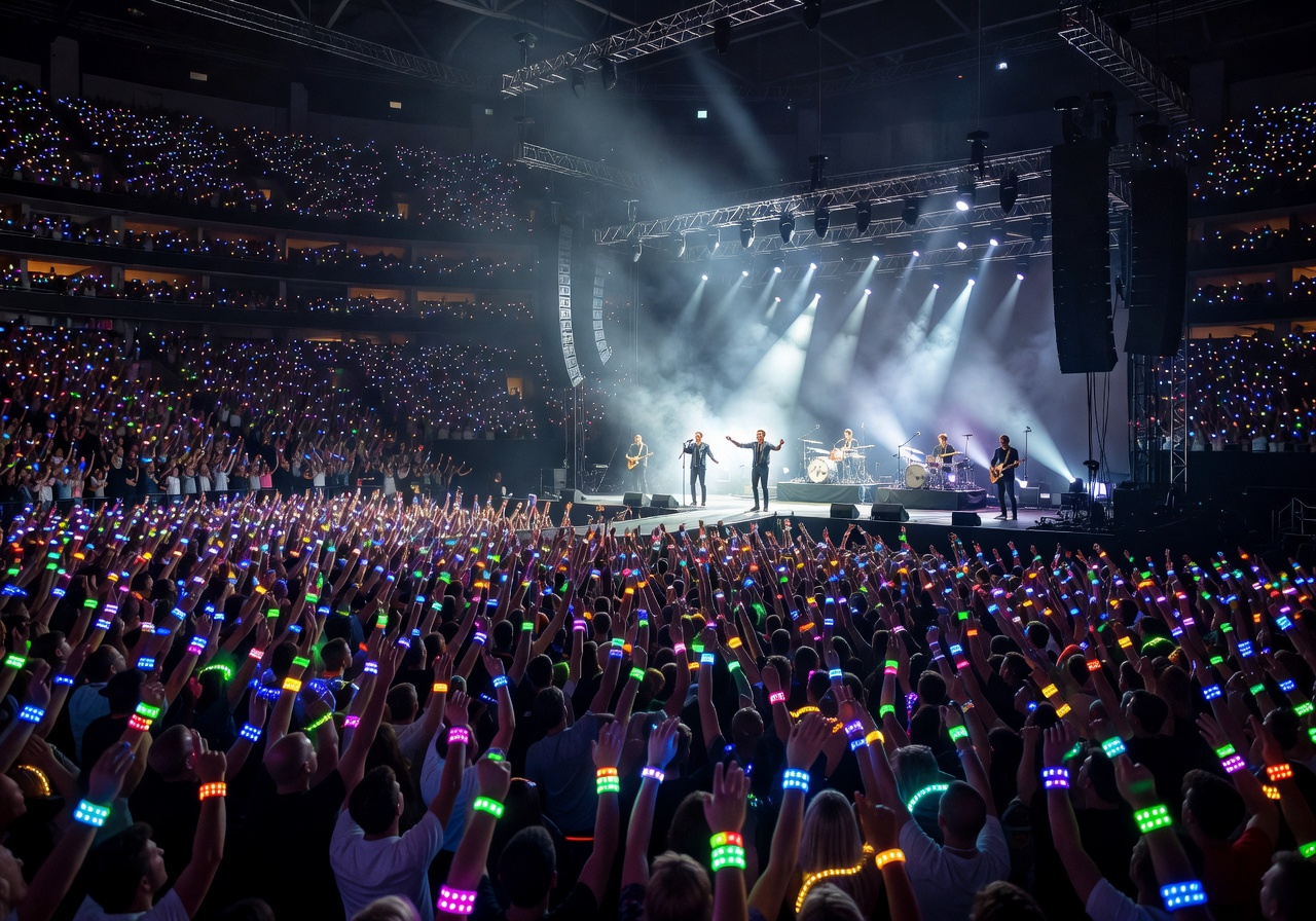 Coldplay concert atmosphere with colorful wristbands lighting up the arena