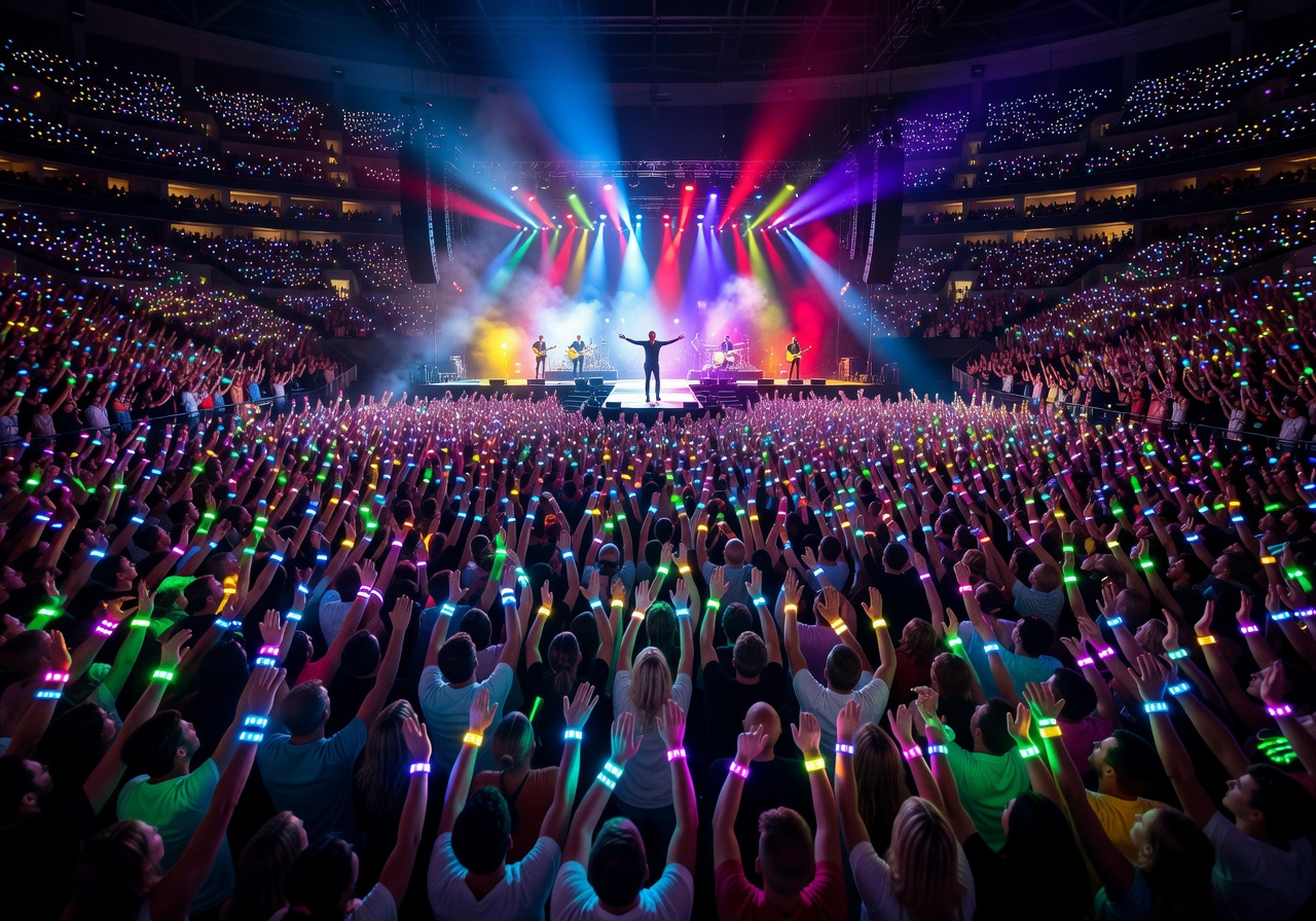 Colorful concert arena with wristband lights representing Coldplay live experience