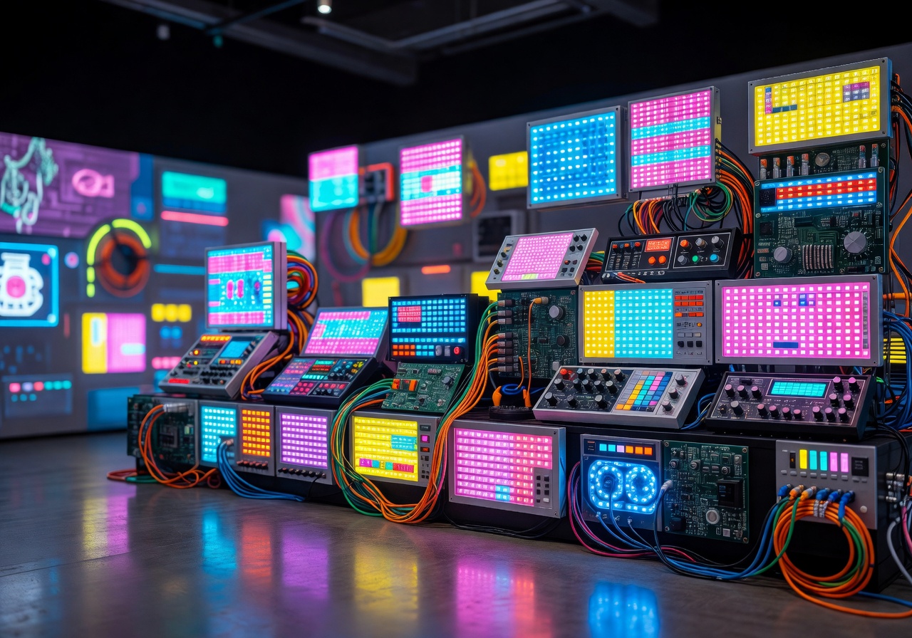 Colorful electronic display representing Discovery album era
