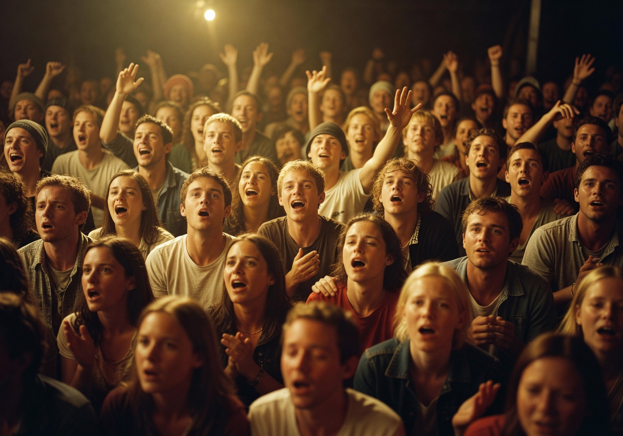 Concert crowd with warm yellow lights representing Parachutes album era