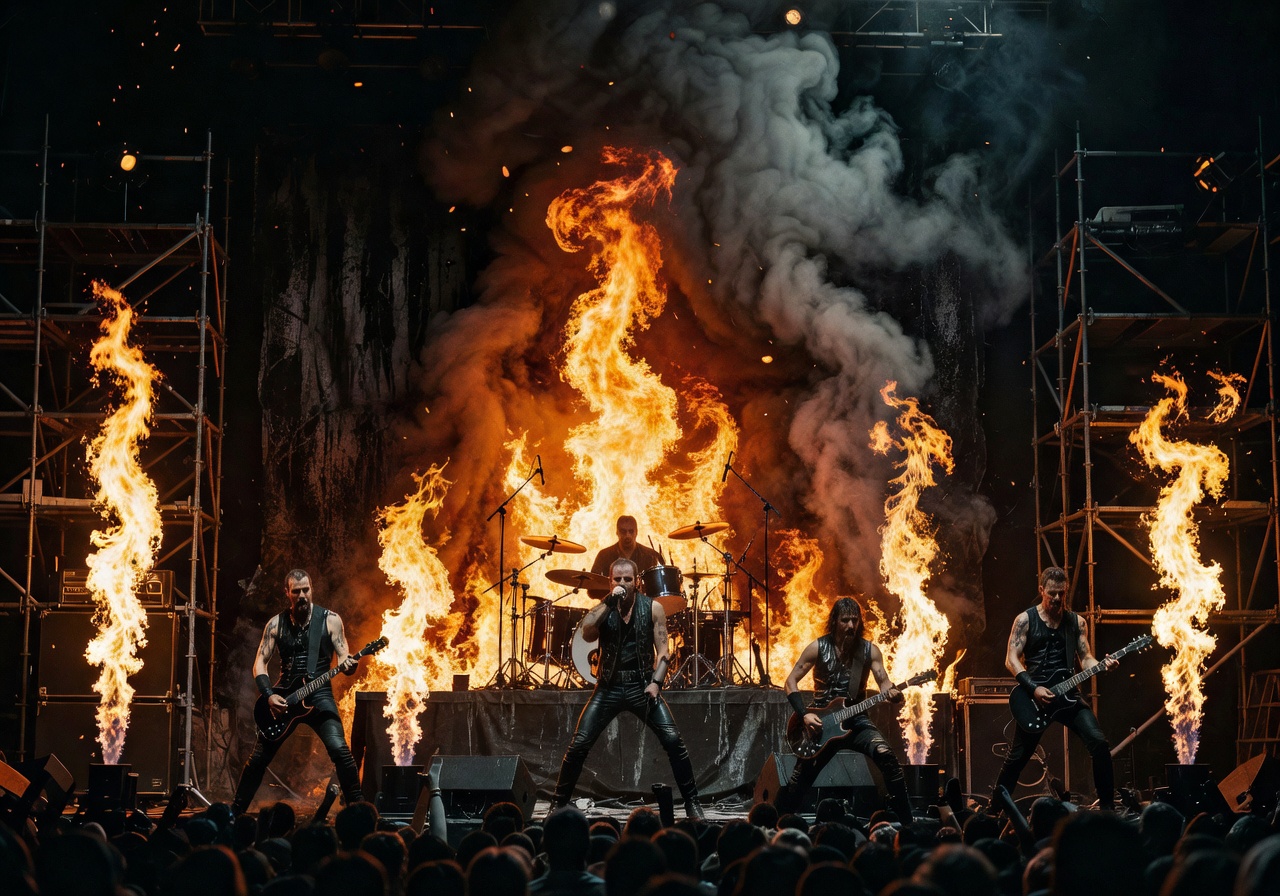 Dark concert stage with fire effects representing Herzeleid album era