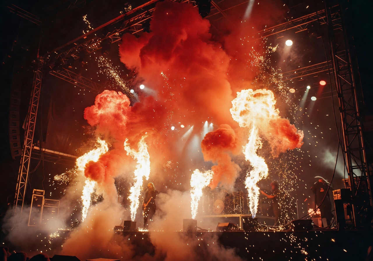 Explosive stage pyrotechnics representing Sehnsucht album era