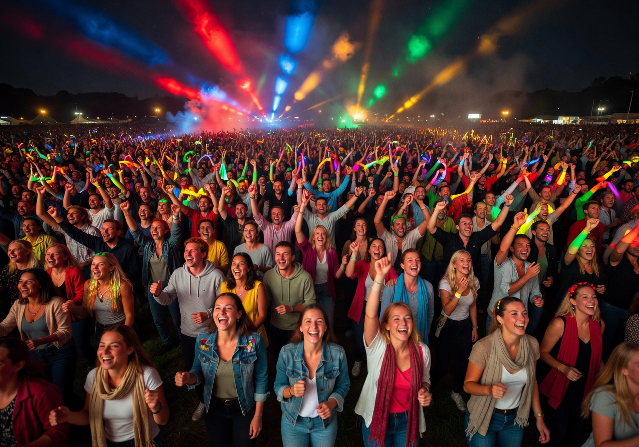 Festival crowd with colorful lights for European anthems playlist