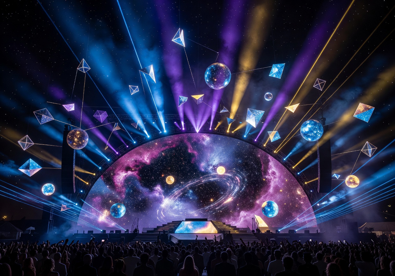 Music festival crowd with neon lights and laser beams