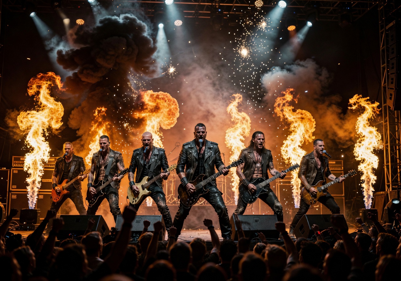 Fiery industrial metal concert with pyrotechnics representing Rammstein shows