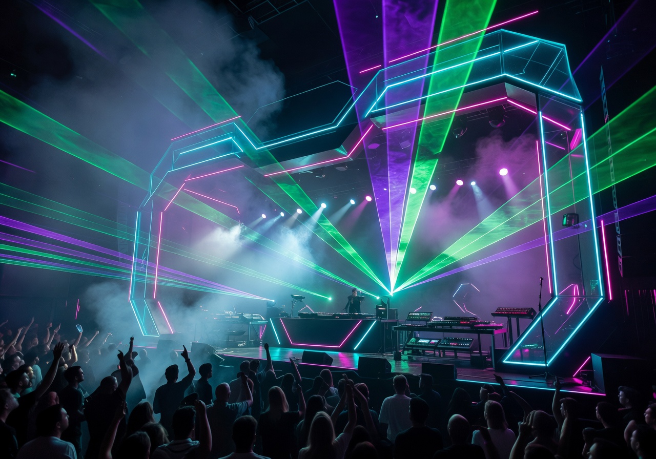 Electronic music concert with futuristic neon lights and laser show atmosphere