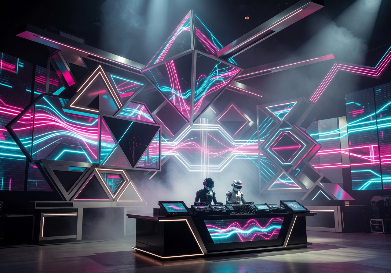 Futuristic electronic music stage with neon lights representing Daft Punk aesthetic