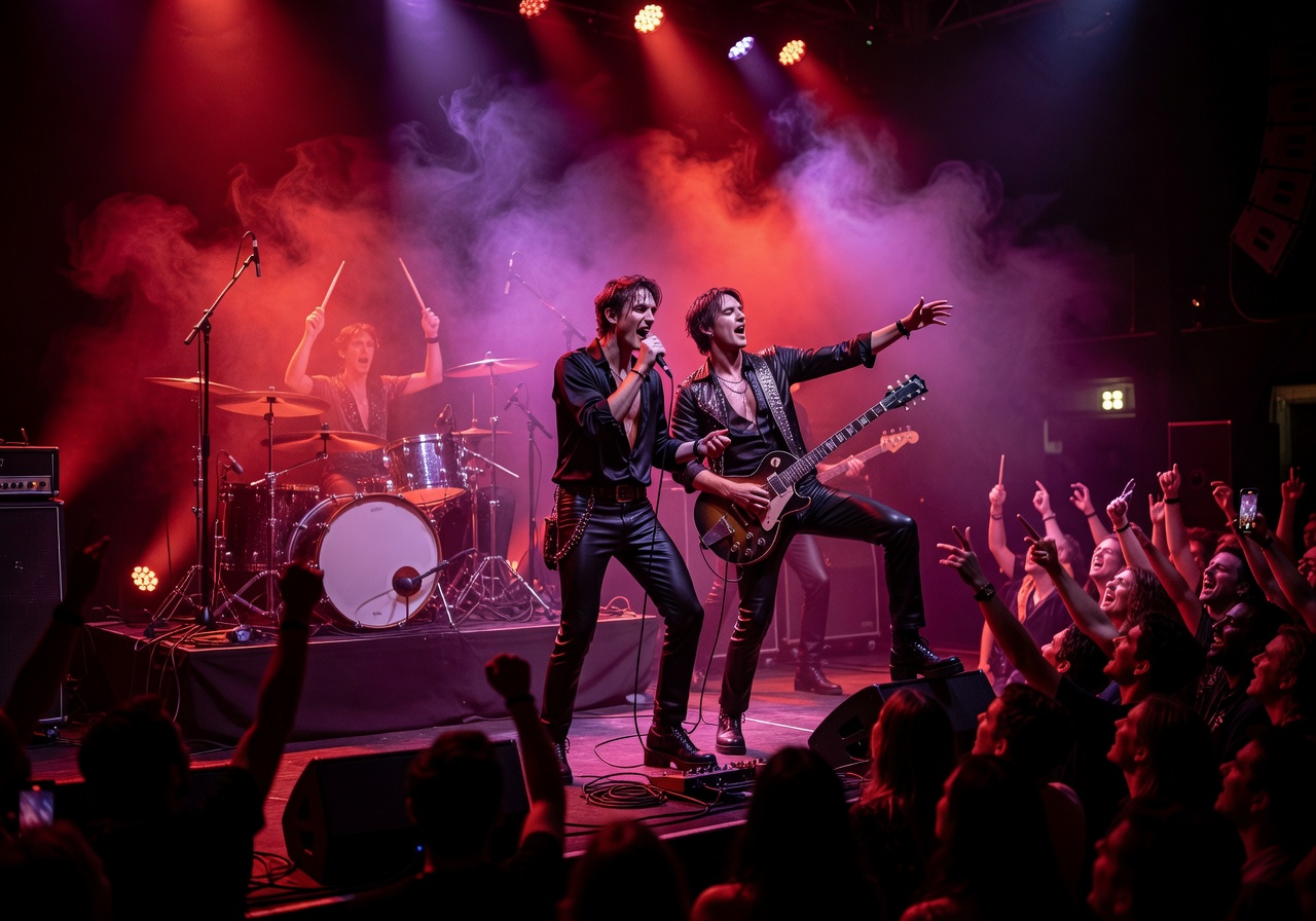 High energy glam rock concert with red and purple lights representing Måneskin performances