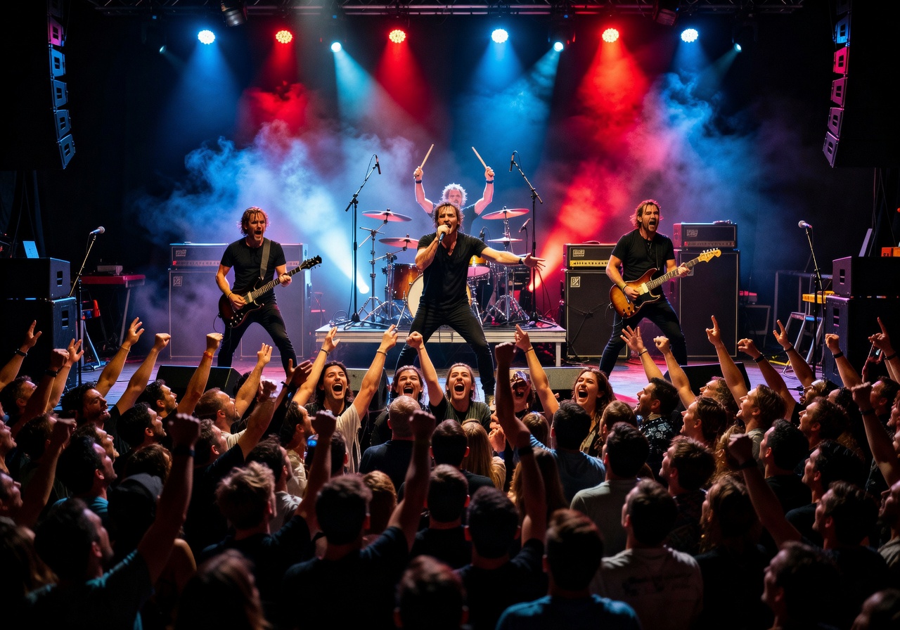Live concert performance with dramatic stage lighting and enthusiastic crowd