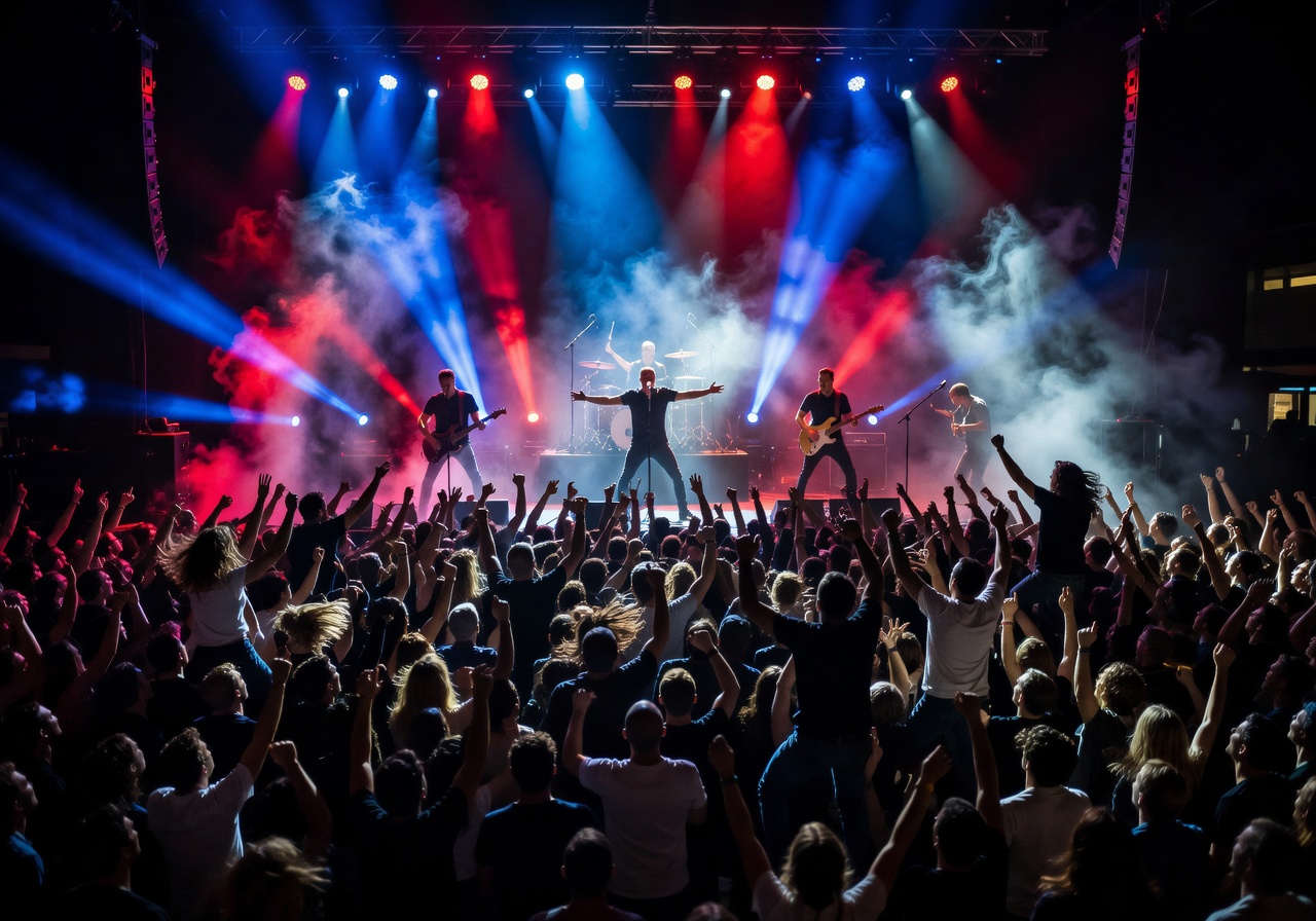 Live concert with dramatic stage lighting and crowd energy
