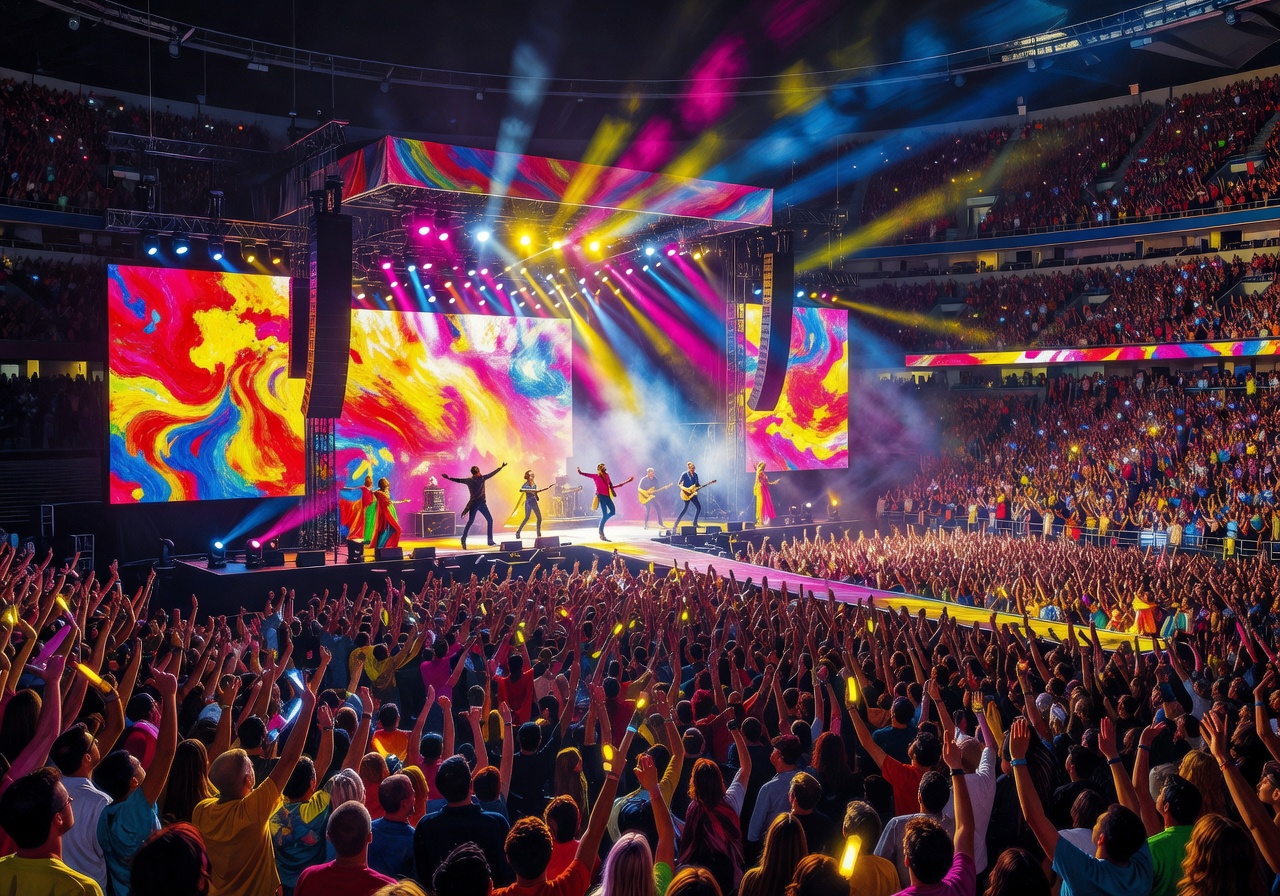 Arena concert with thousands of fans and colorful stage production