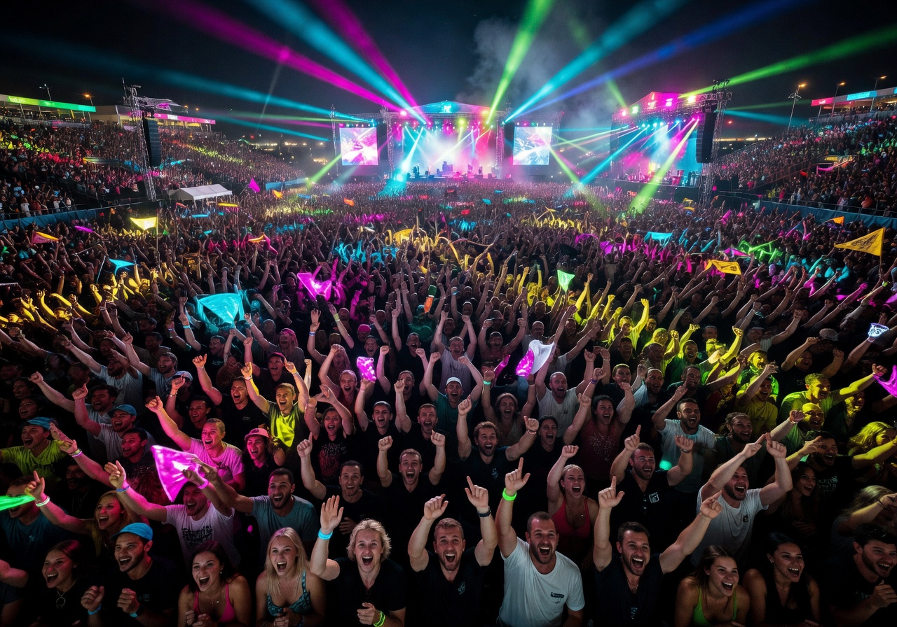 Massive festival crowd with colorful lights illuminating thousands of fans