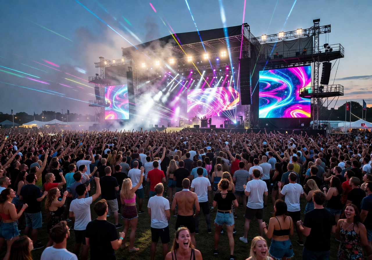 Massive outdoor festival with thousands of fans and spectacular stage production