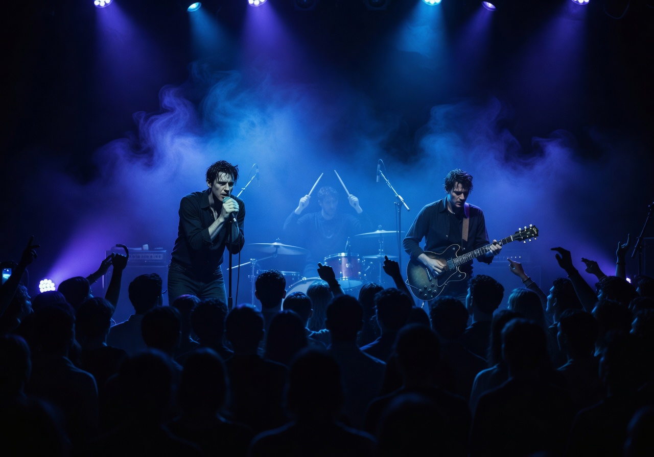 Moody indie rock concert with blue atmospheric lighting representing Arctic Monkeys vibe