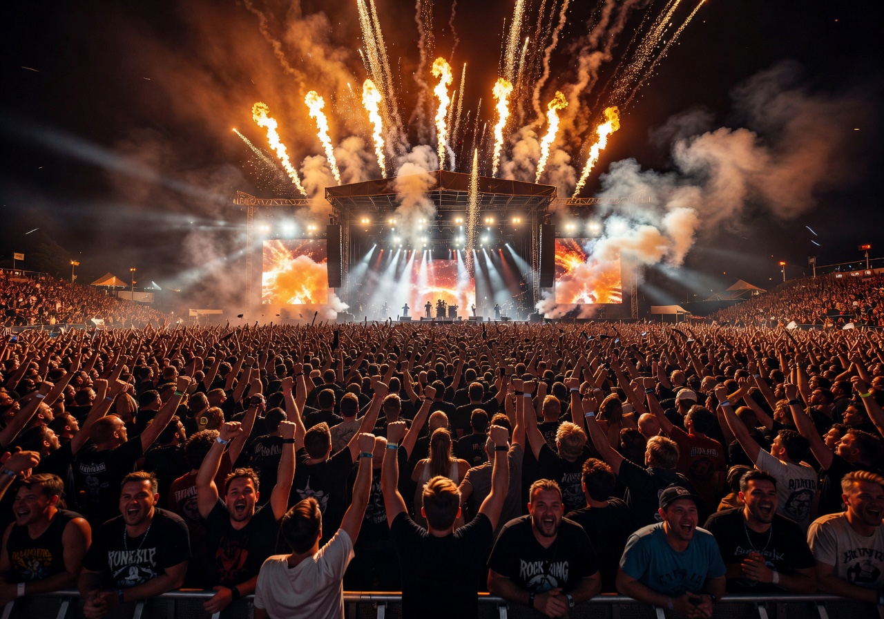 Rock am Ring festival with massive crowd and pyrotechnic display