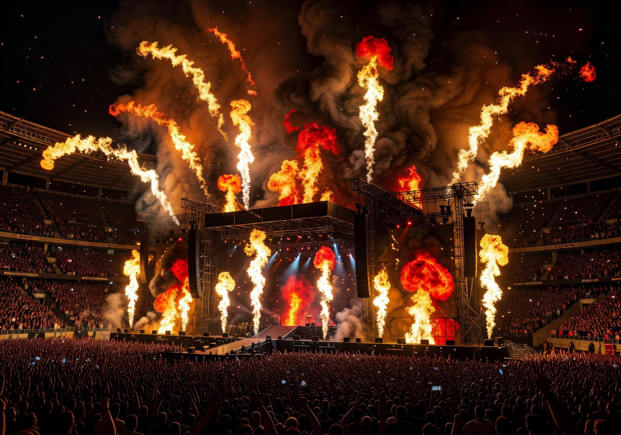 Stadium concert fire show representing Rammstein self-titled album