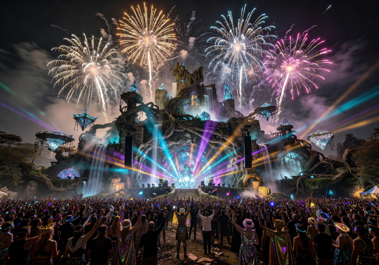 Tomorrowland festival with elaborate fantasy stage and fireworks